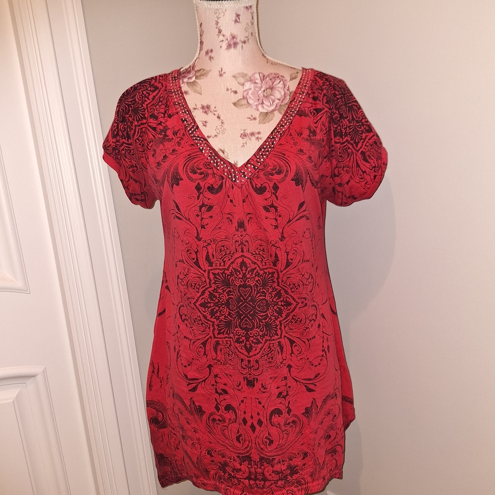Chic Red V-Neck Rhinestone Y2K Blouse Large